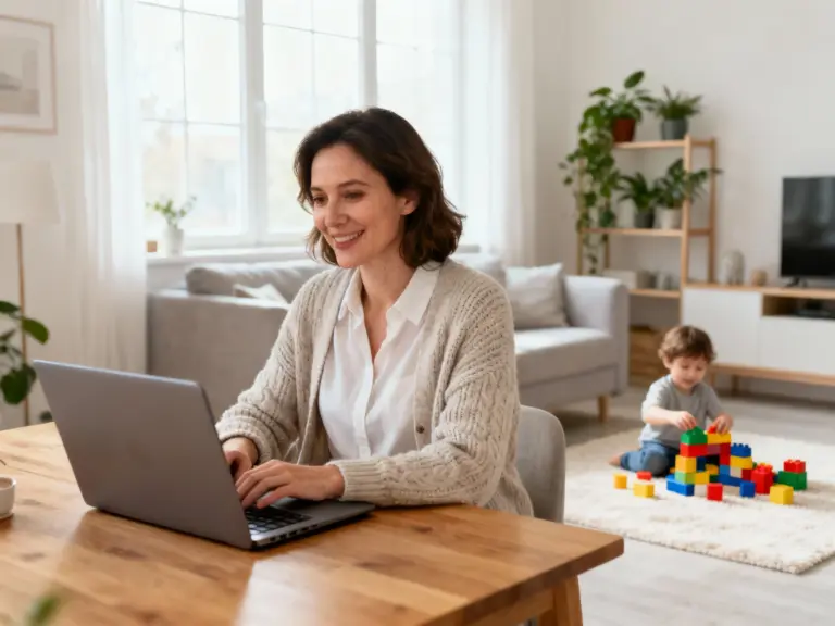 Mutter arbeitet flexibel von zuhause am Laptop – Nebenjob für Mütter
